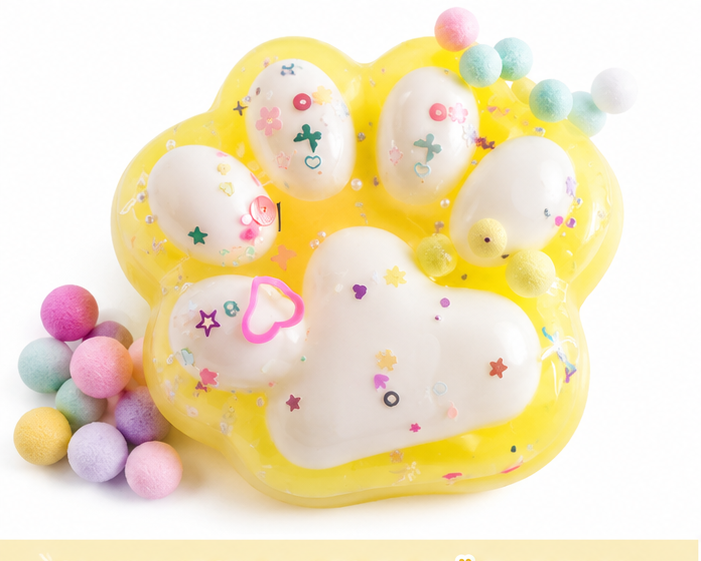 Squishy Pfote Gelb 10 cm – Anti Stress Squeeze Toy mit Glitzer und Perlen