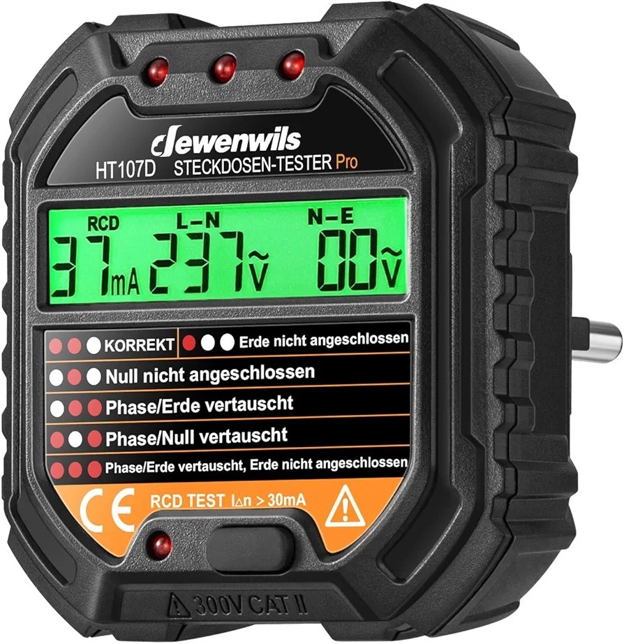 Steckdosentester mit RCD-Prüfung und LCD-Voltage-Display, 6 Arten von...