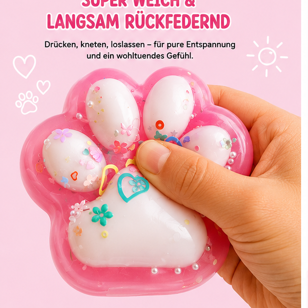 Squishy Pfote Rosa 10 cm – Anti Stress Squeeze Toy mit Glitzer und Perlen