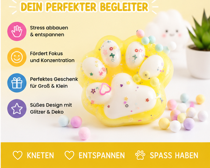 Squishy Pfote Gelb 10 cm – Anti Stress Squeeze Toy mit Glitzer und Perlen