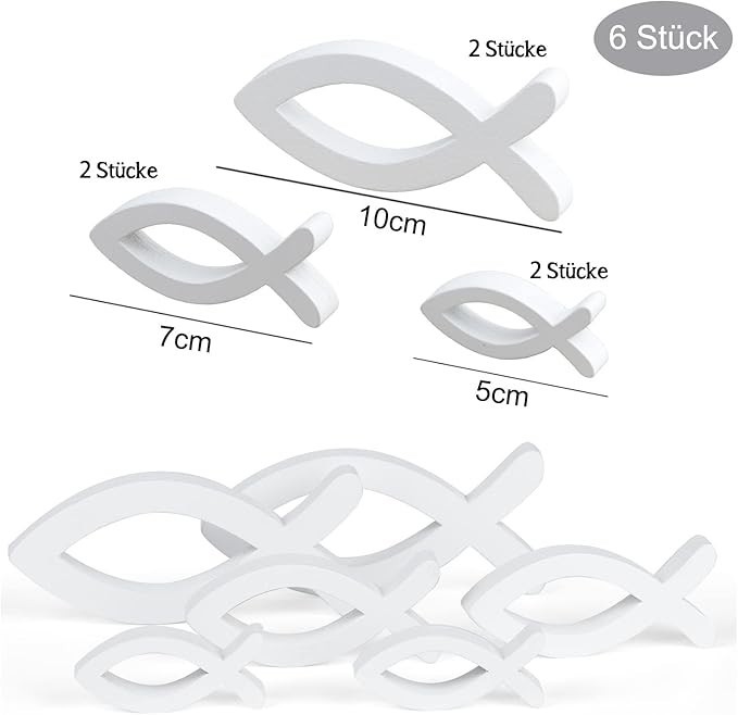 Deko Fisch Set aus Holz,  Weiß 6 große Holzfische und über 100 Streudeko