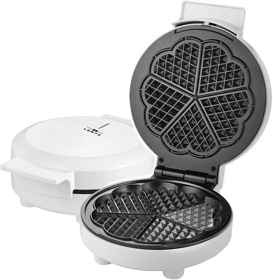 Waffeleisen von Lentz, weiss 1000 Watt, wärmeisolierter Griff 5 fach Herzform