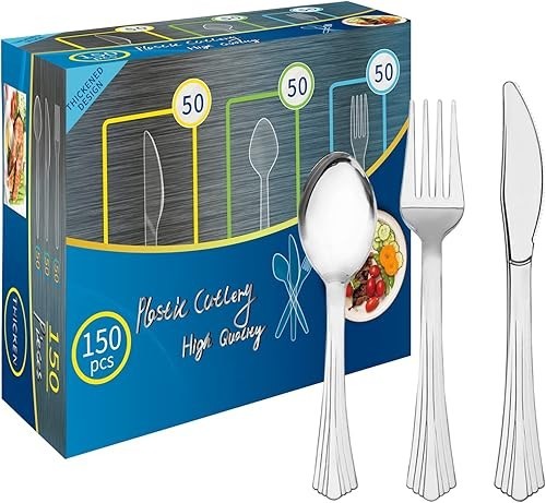 150 PlastikBesteck Set, 50 Messer 50 Gabeln 50 Löffel