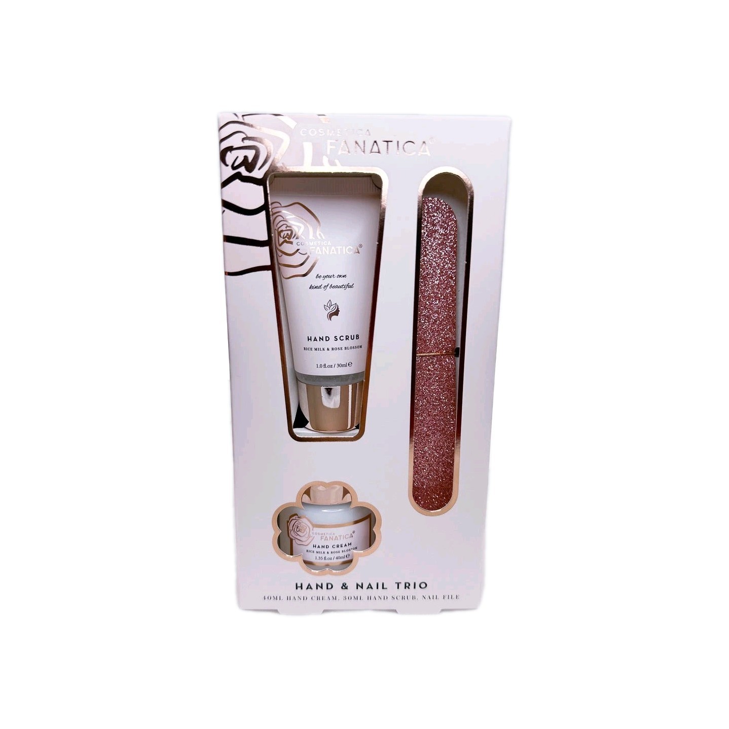 Handpflege 3er Set Handcreme Handpeeling Nagelfeile mit Reismilch und Rosenblüte