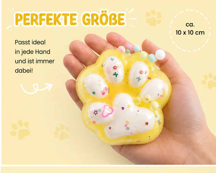Squishy Pfote Gelb 10 cm – Anti Stress Squeeze Toy mit Glitzer und Perlen