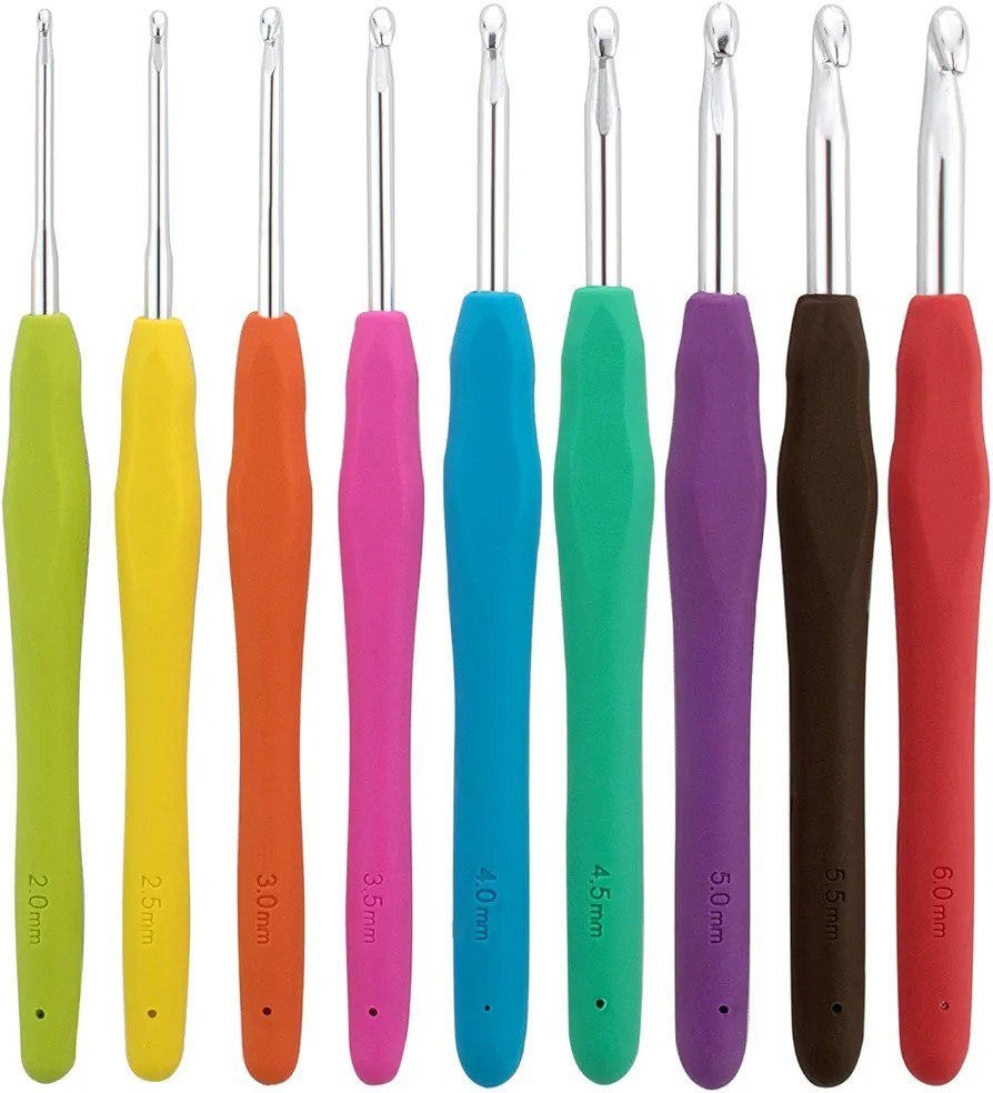 9X Häkelnadeln Nadelset Aluminium mit bunten Gummigriff Stricknadeln