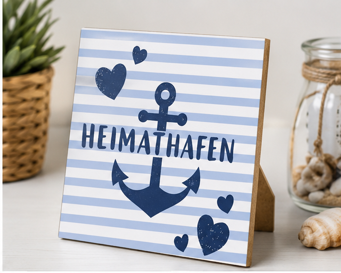 Holzbild Heimathafen 15 x 15 cm mit Anker – Maritime Deko zum Aufstellen