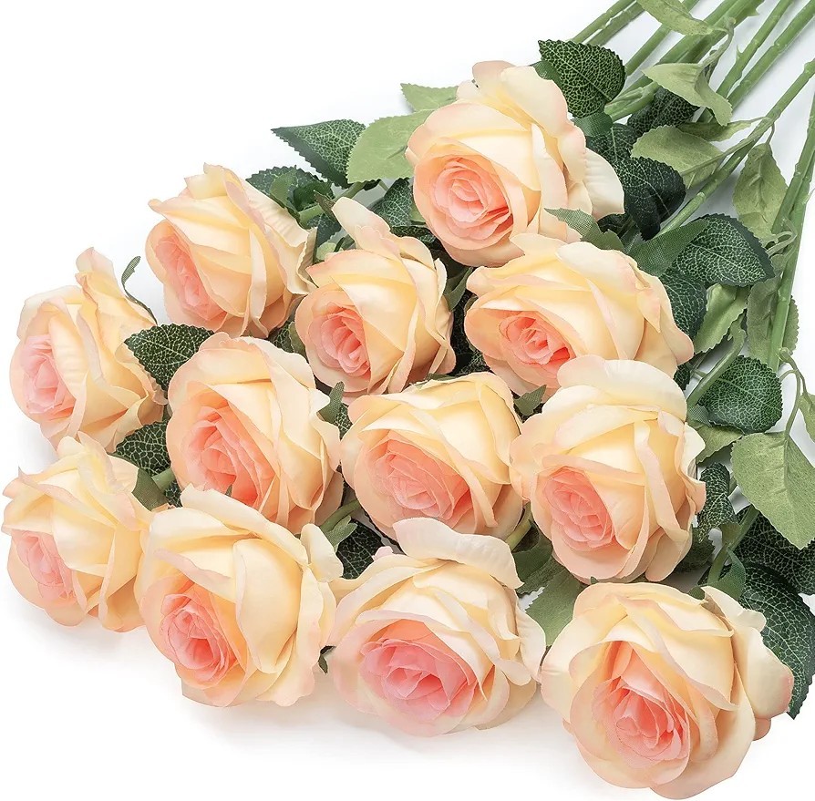 12 Stück künstliche Rosen Champagner Kunstblumen zur Dekoration, Seiden Rosen...