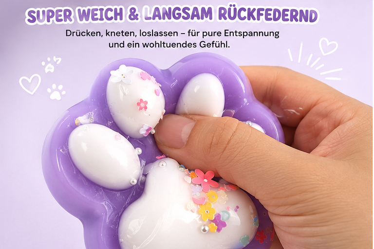 Squishy Pfote Lila 10 cm – Anti Stress Squeeze Toy mit Glitzer und Perlen
