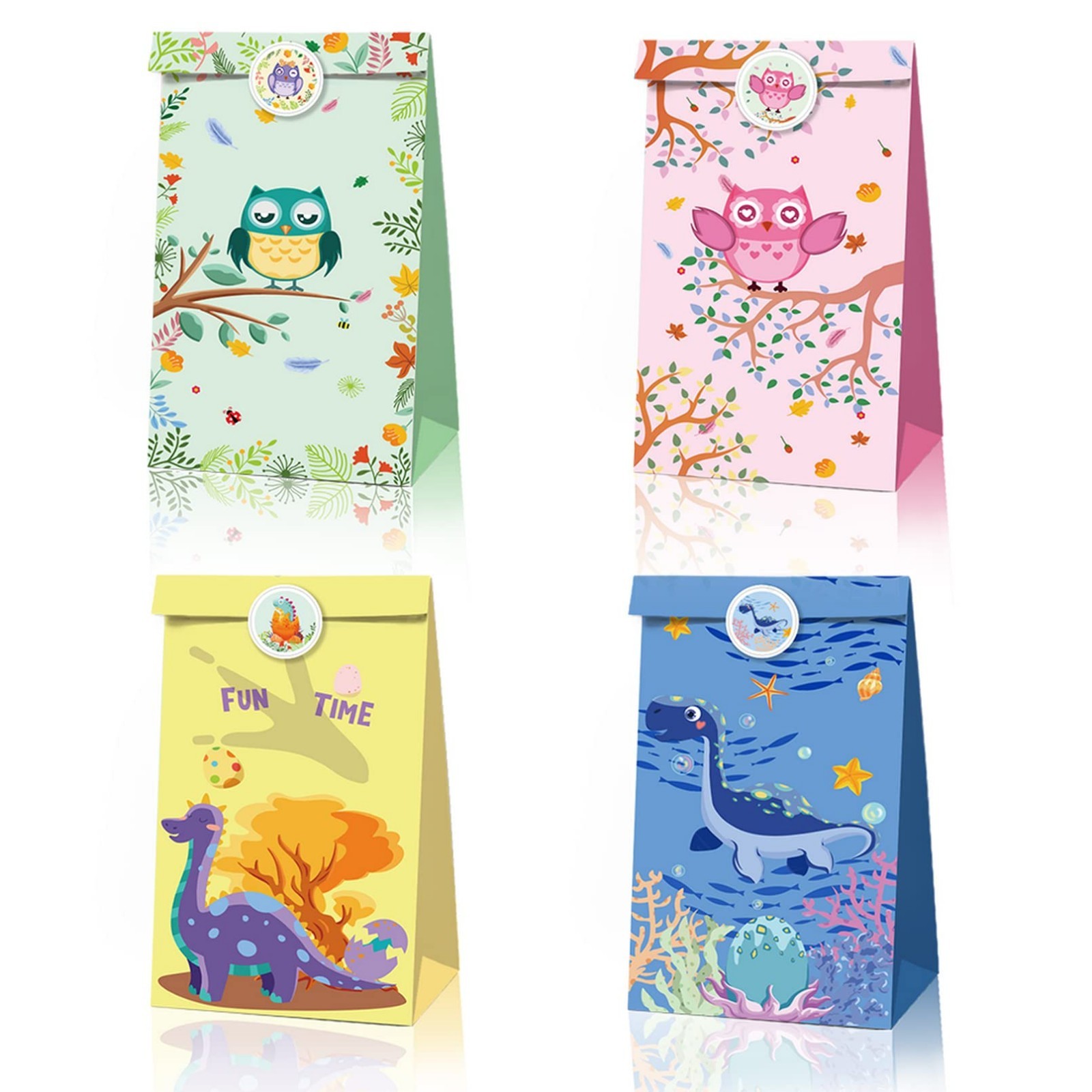 12 Im Set Cartoon-Muster Süßigkeiten Papiertüten Kraftpapier Tüten mit flachem