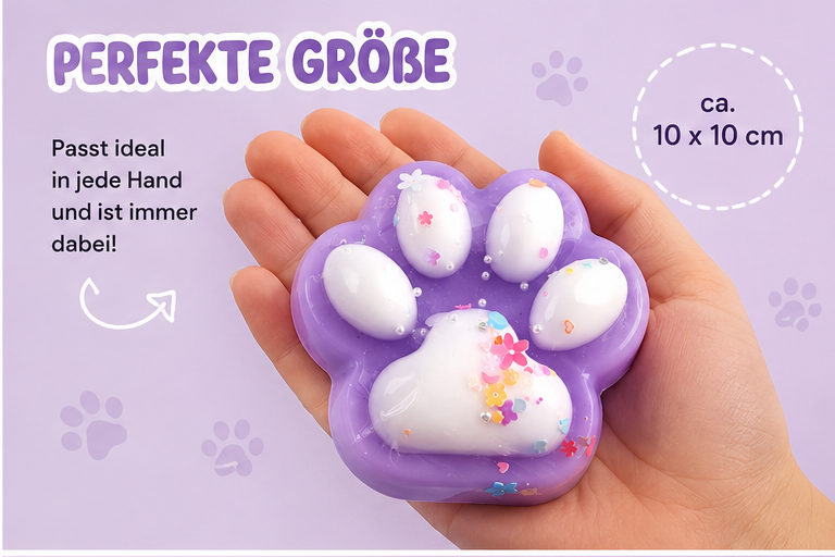Squishy Pfote Lila 10 cm – Anti Stress Squeeze Toy mit Glitzer und Perlen
