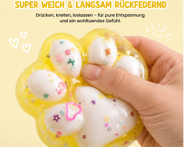 Squishy Pfote Gelb 10 cm – Anti Stress Squeeze Toy mit Glitzer und Perlen