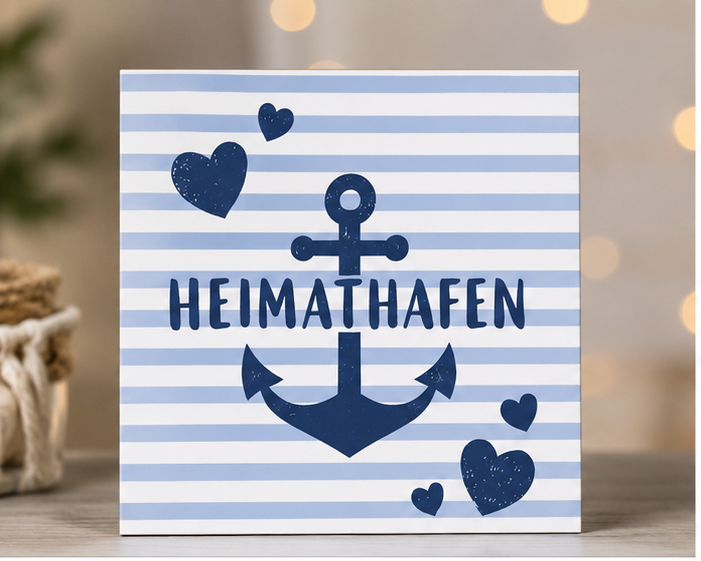 Holzbild Heimathafen 15 x 15 cm mit Anker – Maritime Deko zum Aufstellen