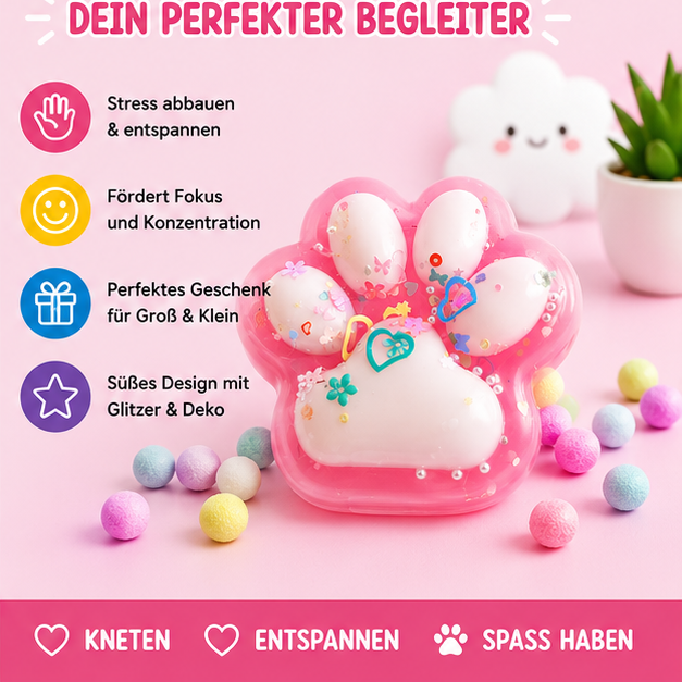 Squishy Pfote Rosa 10 cm – Anti Stress Squeeze Toy mit Glitzer und Perlen