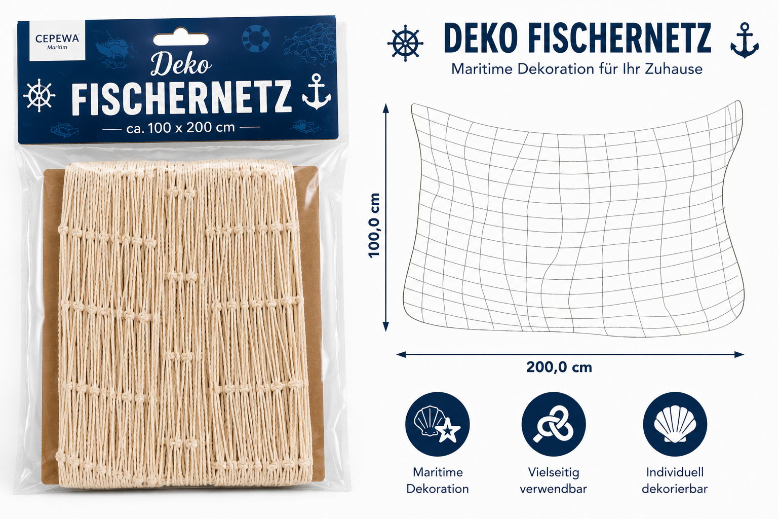 Deko Fischernetz 100x200 cm Natur Maritim Wanddekoration Muscheln Strand Meer