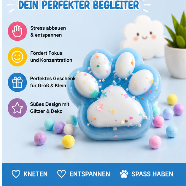 Squishy Pfote Blau 10 cm – Anti Stress Squeeze Toy mit Glitzer und Perlen