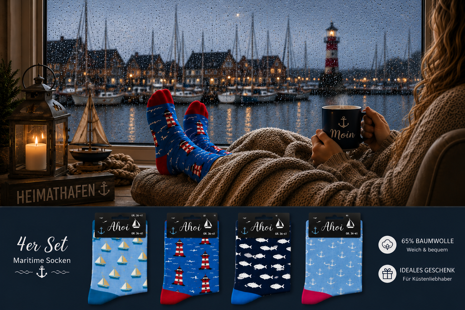 Ahoi Maritime Socken Gr. 36-41 Anker Fisch Leuchtturm Segelboot 4 Paar Set