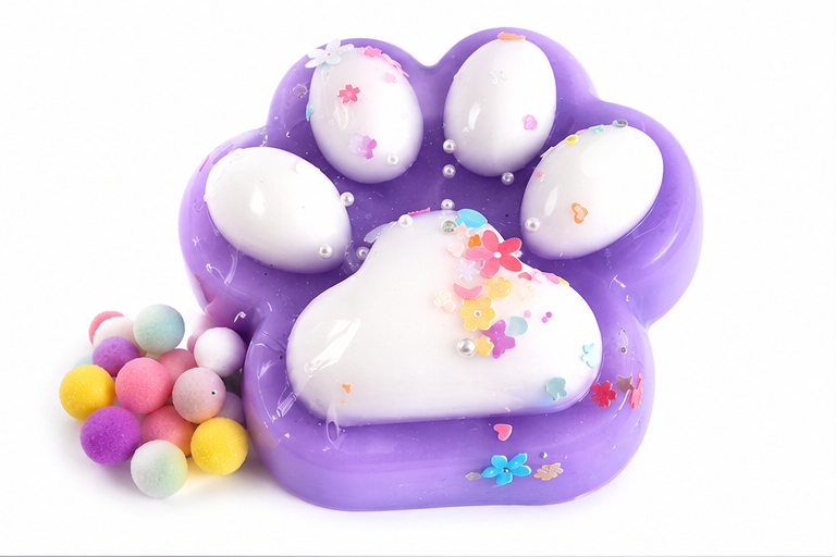 Squishy Pfote Lila 10 cm – Anti Stress Squeeze Toy mit Glitzer und Perlen