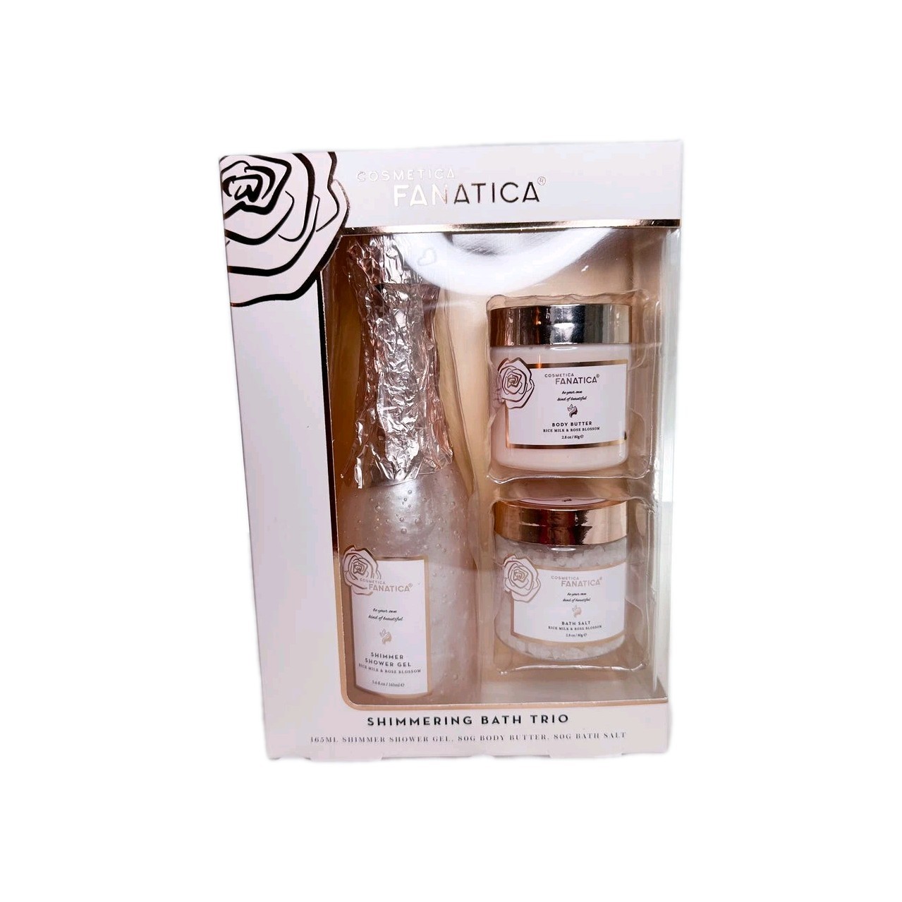 Bade-Pflegeset mit Schimmer-Duschgel, Körperbutter und Badesalz Reismilch /Rosen